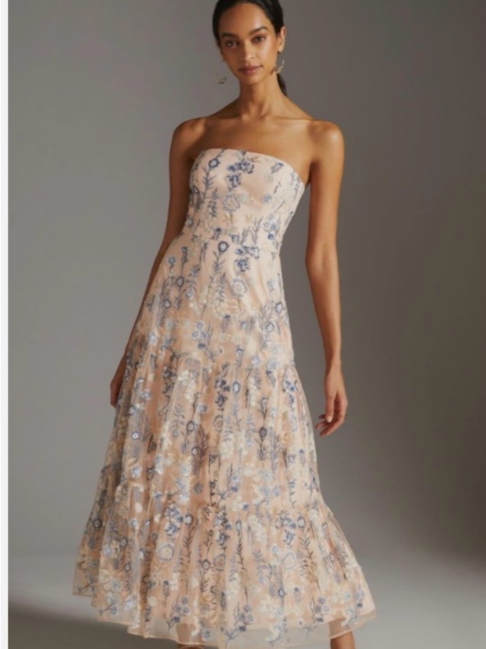 Shoshanna Peach Strapless Floral Embroidered Midi Dress